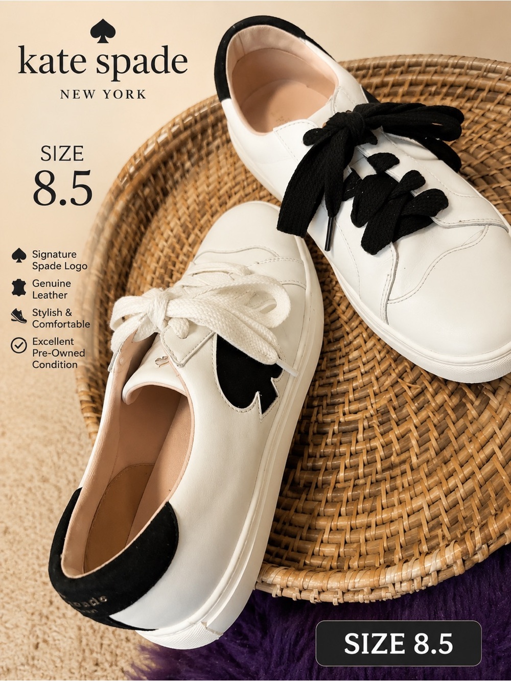 Kate Spade Fez Women's Leather Sneakers White/Blk Size 8.5 B